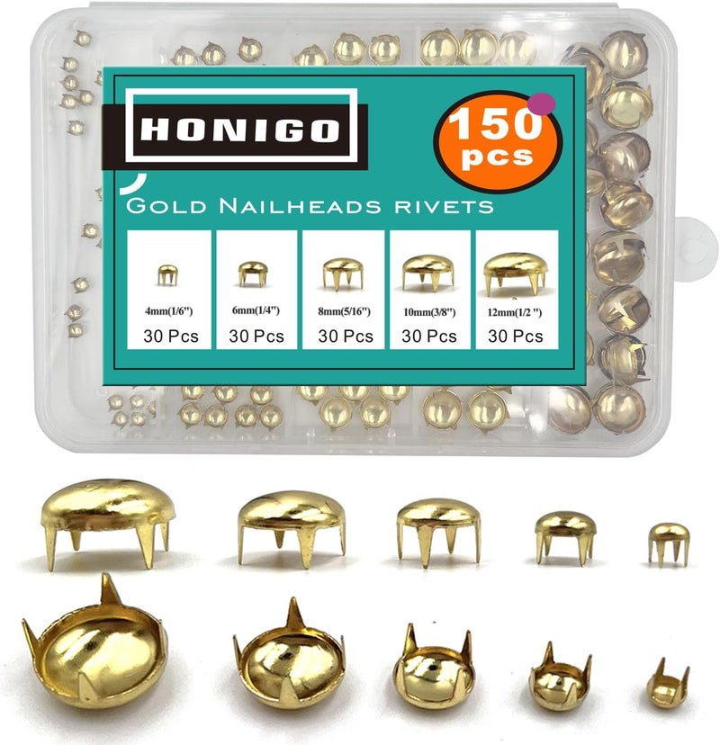honigo 150pcs Nailheads Round Dome Studs Rivets Gold Metal Solid Brass 4/6/8/10/12mm 4 Prongs Spikes Spots for Leather Craft Clothes Belt Bag Shoes Decorations Totes DIY Craft - Image 1